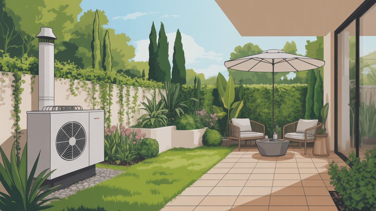 cacher une pompe à chaleur illustration jardin esthétique