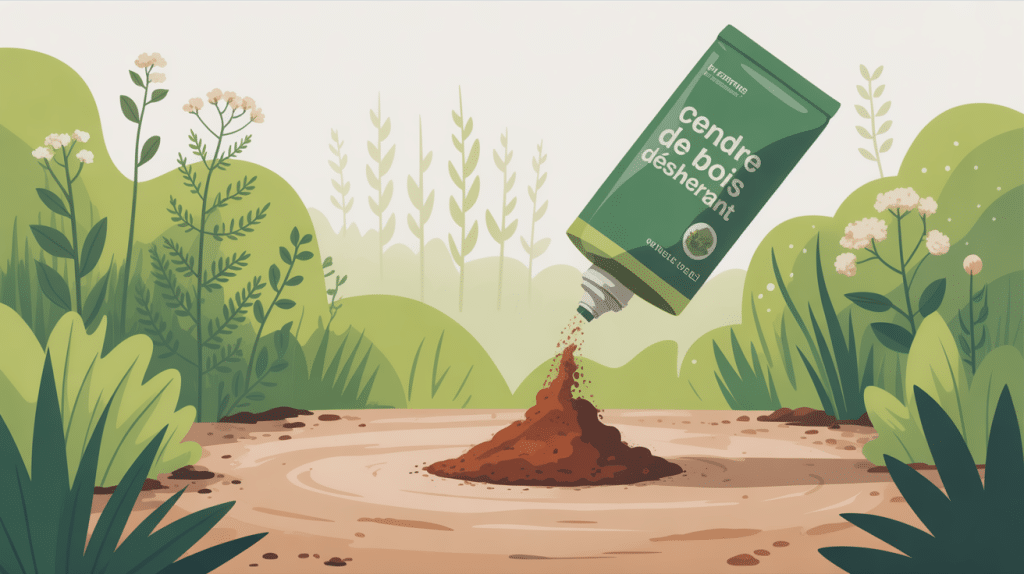 cendre de bois désherbant répandue sur sol naturel