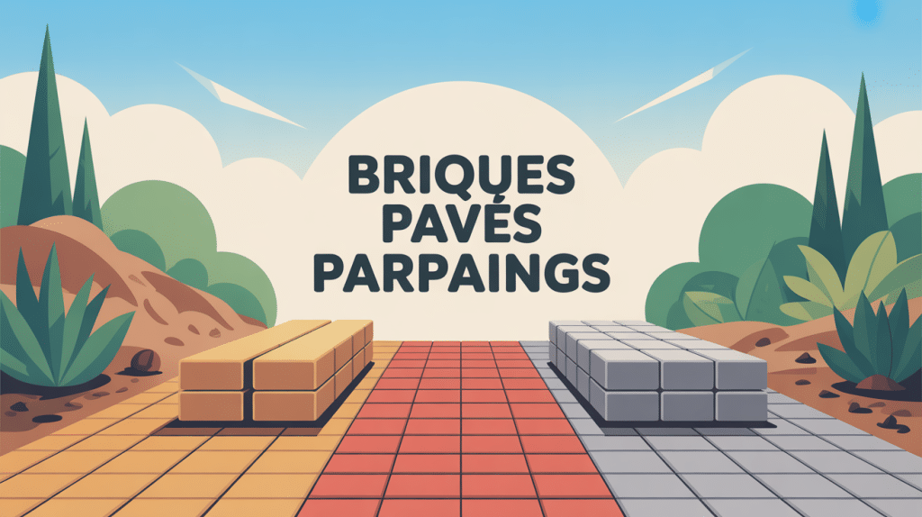 Illustration des briques pavés et parpaings sur chantier et jardin