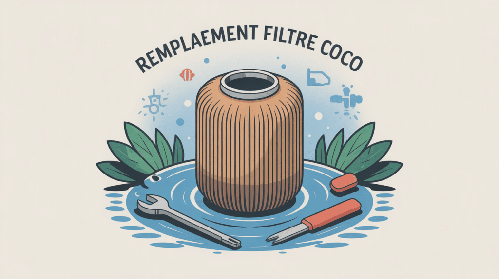 Illustration coût remplacement filtre coco, filtre fibre de coco, outils et eau claire