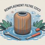 Illustration coût remplacement filtre coco, filtre fibre de coco, outils et eau claire