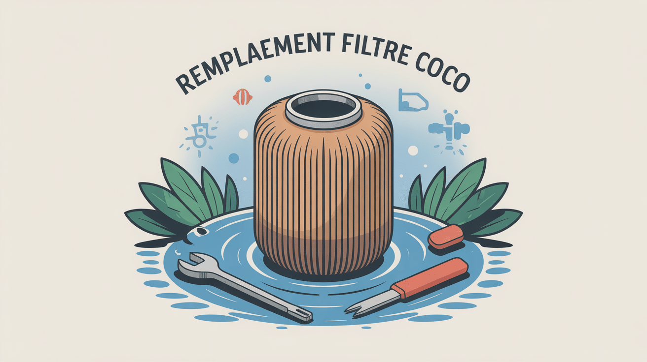 Illustration coût remplacement filtre coco, filtre fibre de coco, outils et eau claire