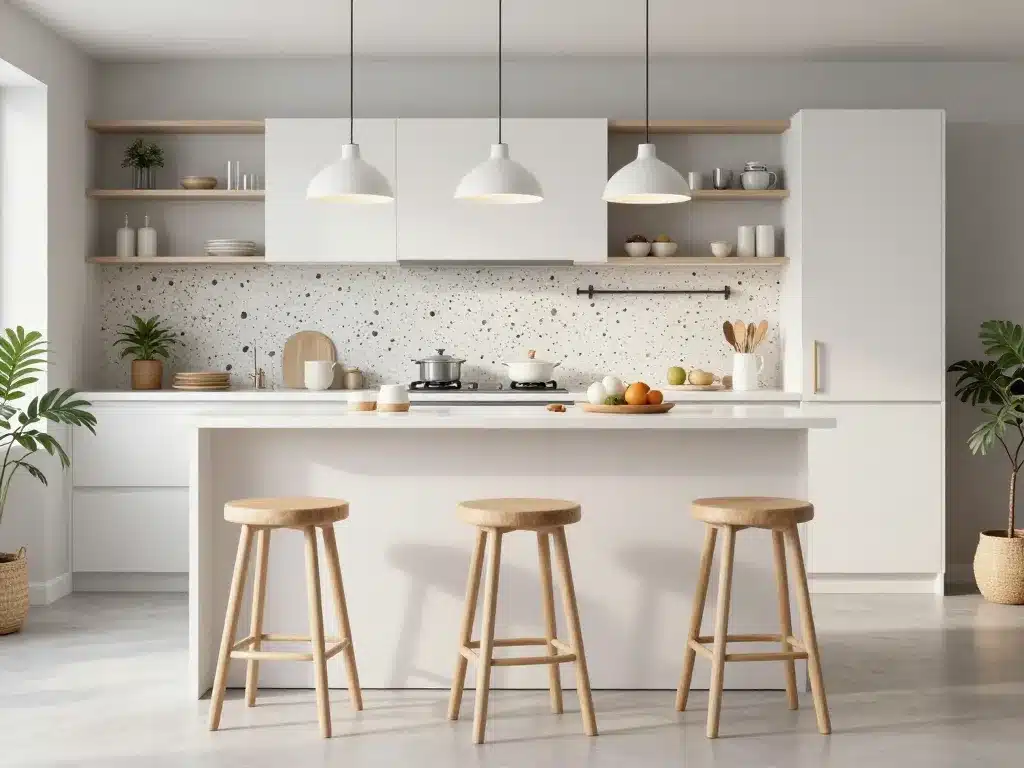 cuisine blanche plan de travail gris déco chaleureuse