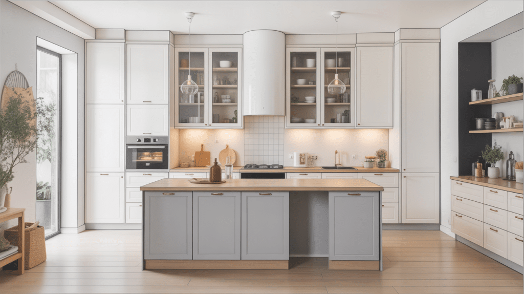 cuisine blanche plan de travail gris visuel principal contemporain