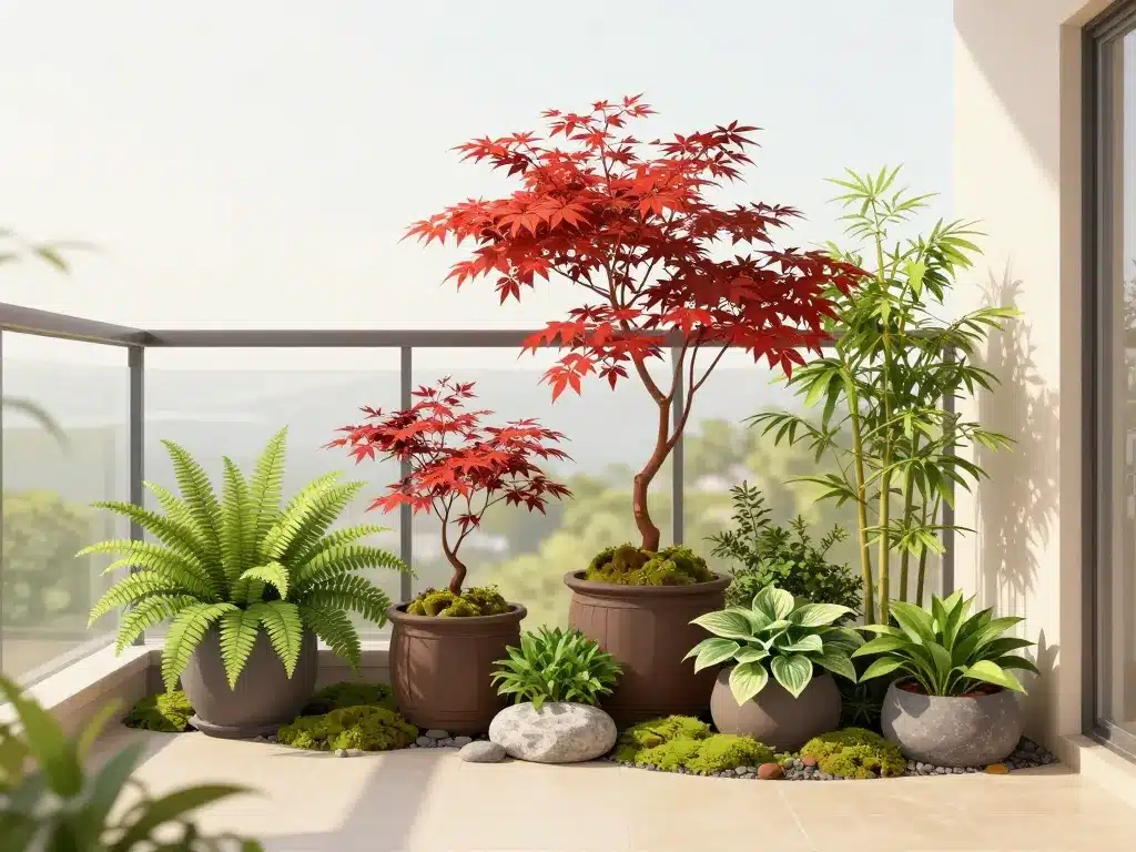 erables rouges japon en pot avec plantes d'association sur terrasse