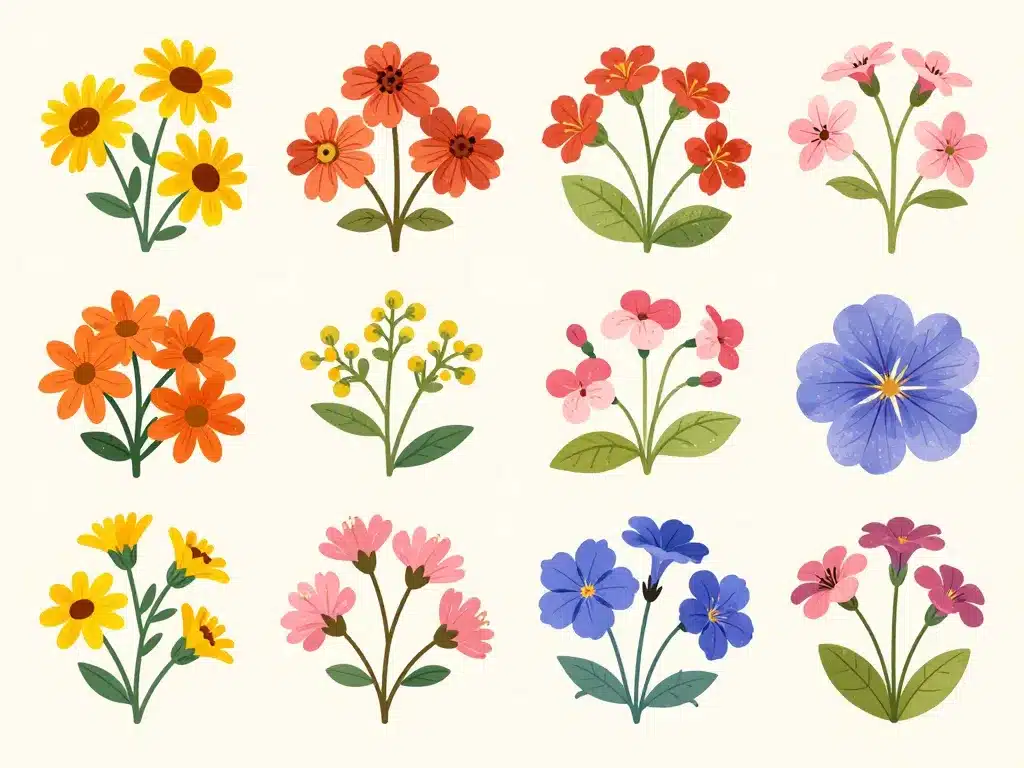 Variétés de fleur en u principales, illustration botanique