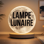 lampe lunaire éclairée sur support bois dans séjour moderne