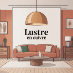 lustre en cuivre suspendu dans salon moderne ambiance élégante