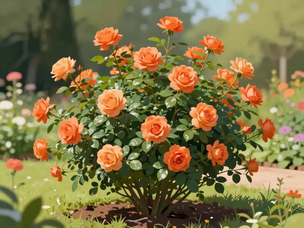 rosa super star buisson feuillage vert fleurs orange
