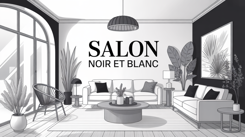 salon noir et blanc élégant avec matériaux naturels