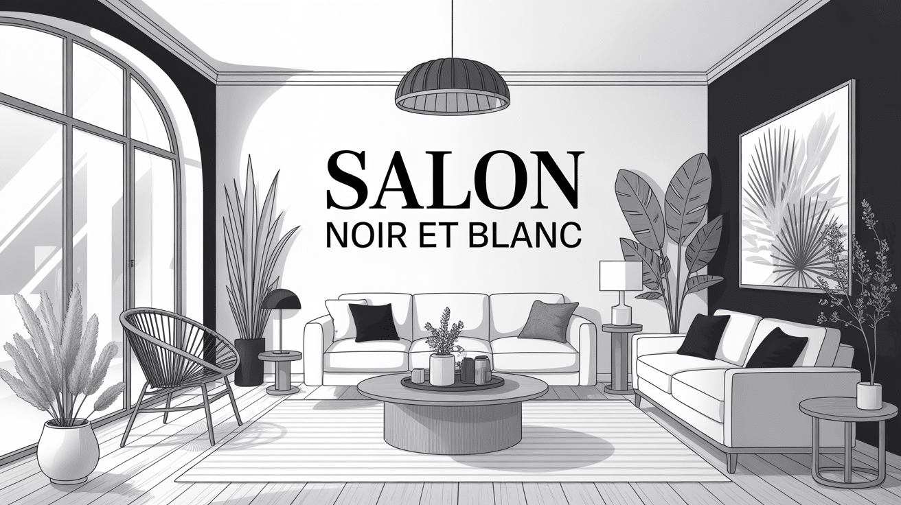 salon noir et blanc élégant avec matériaux naturels