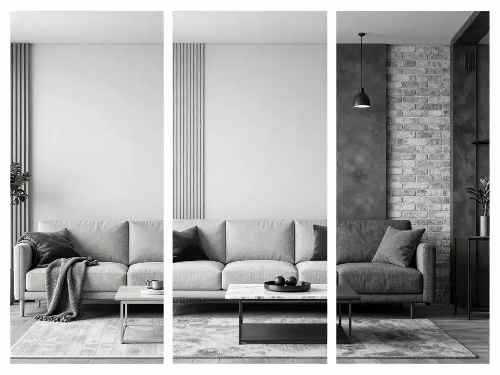 trois styles de salon noir et blanc illustrés