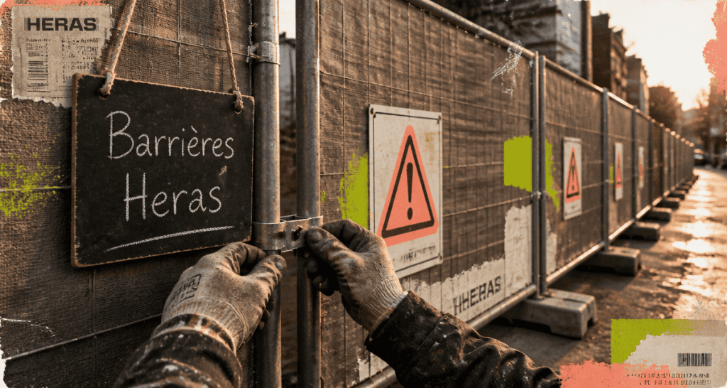 barriere heras sur chantier avec bâche acoustique