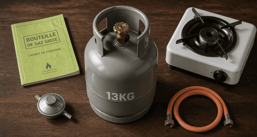 bouteille de gaz gris 13kg sur table avec accessoires