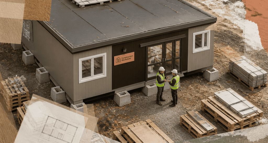 bungalow préfabriqué gris taupe et brun sur chantier