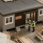 bungalow préfabriqué gris taupe et brun sur chantier
