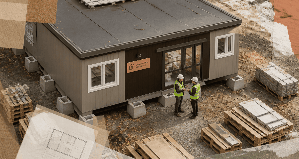 bungalow préfabriqué gris taupe et brun sur chantier