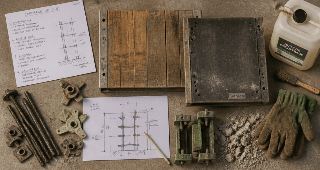 Coffrage mur, outils et panneaux sur plan de travail
