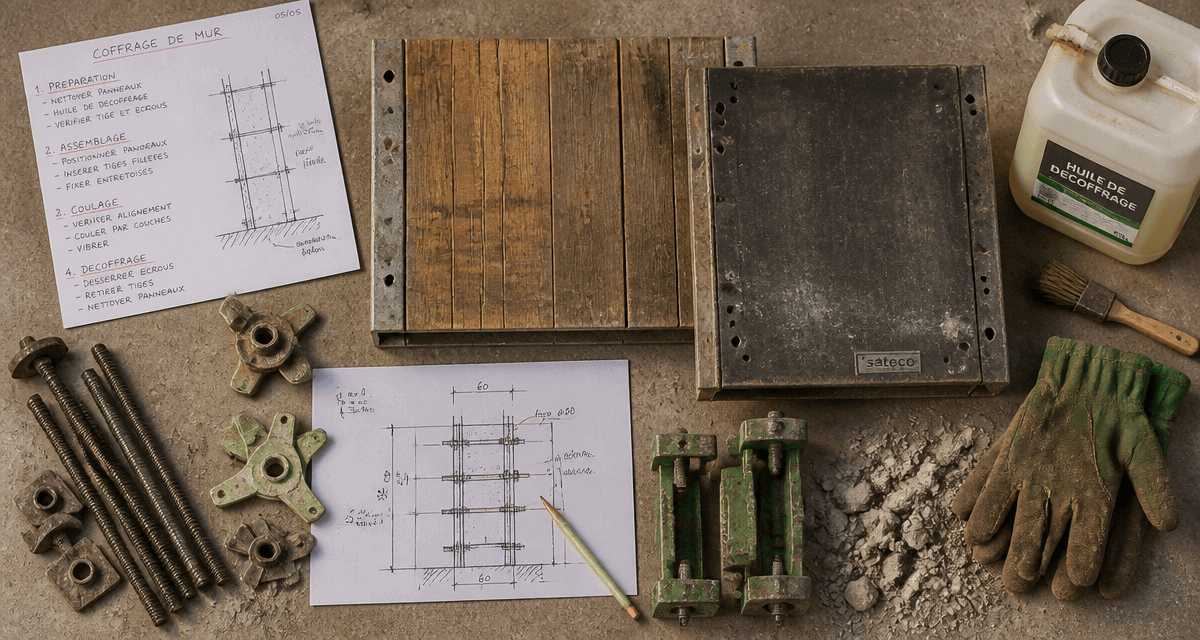 Coffrage mur, outils et panneaux sur plan de travail