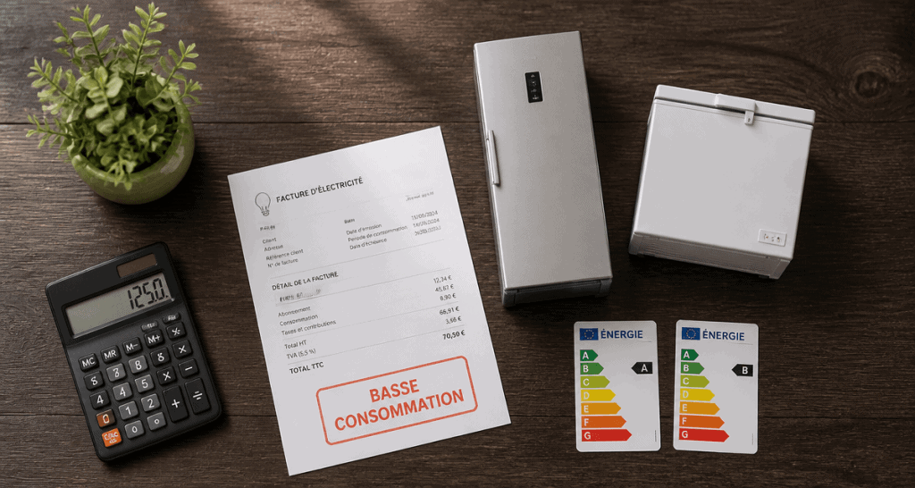 congélateur basse consommation avec étiquette énergie et facture