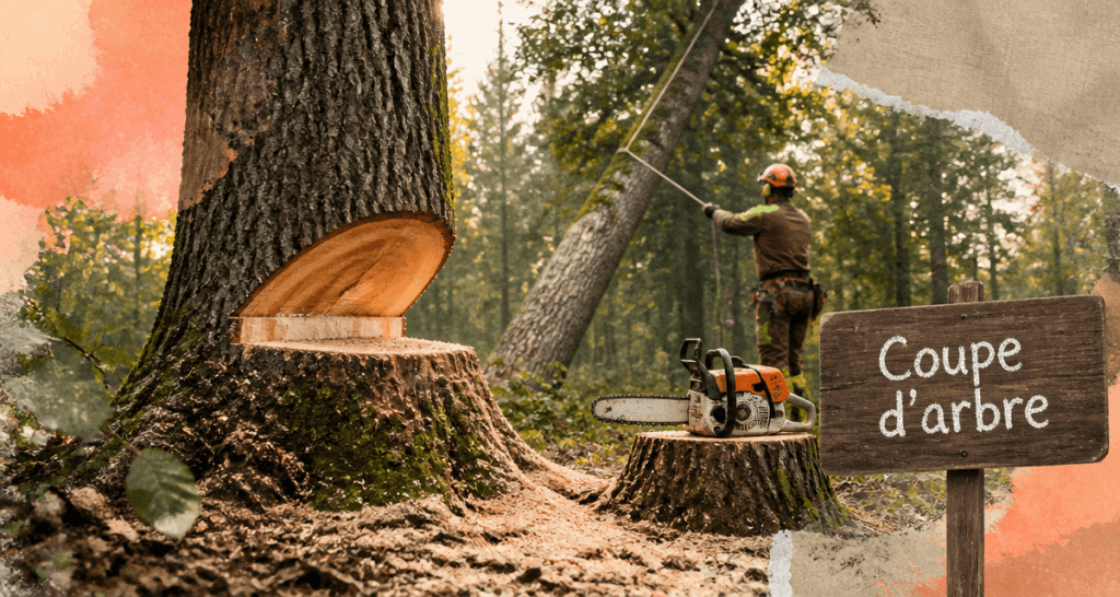 Coupe arbre en forêt avec professionnel et tronçonneuse