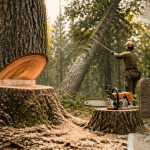 Coupe arbre en forêt avec professionnel et tronçonneuse