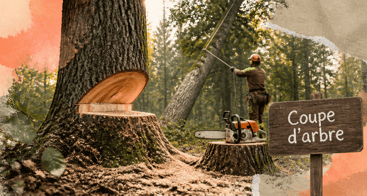 Coupe arbre en forêt avec professionnel et tronçonneuse