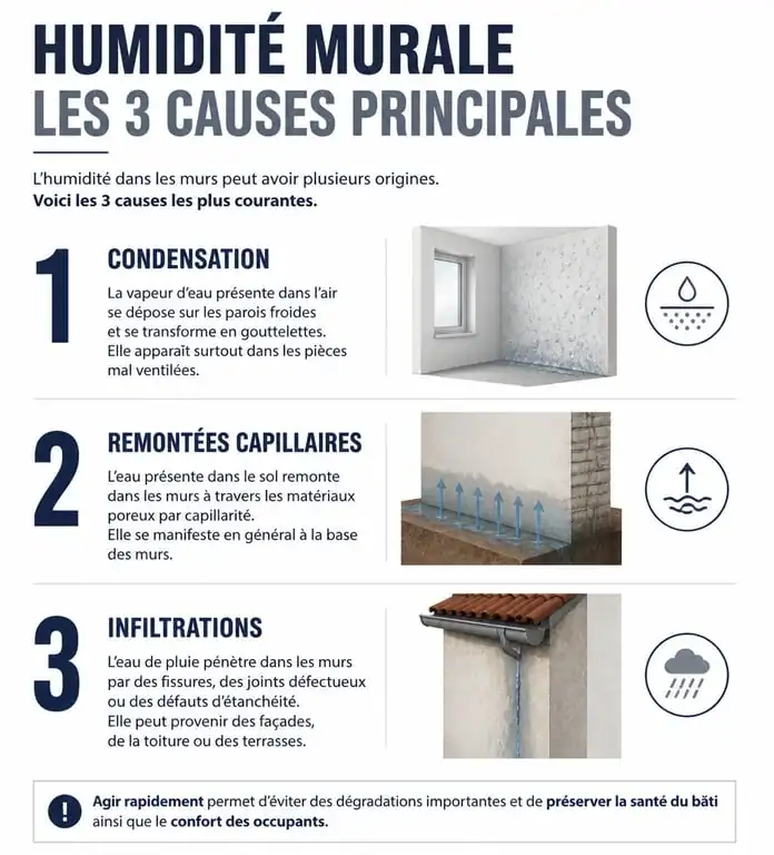 Infographie des causes et solutions pour enlever l'humidité sur un mur