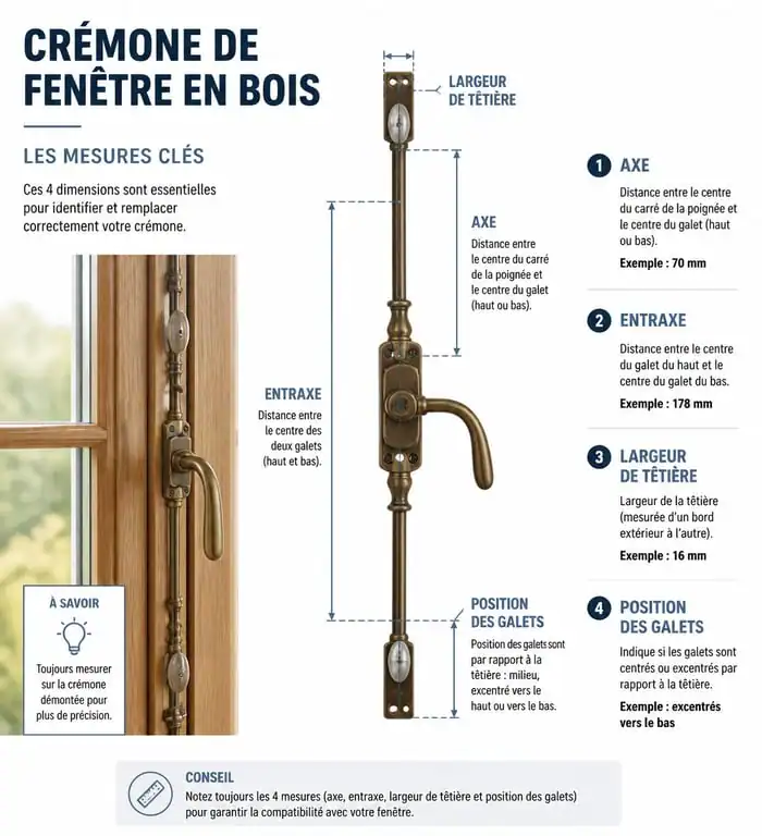 Schéma technique des mesures pour le remplacement d'un mécanisme de crémone de fenêtre en bois