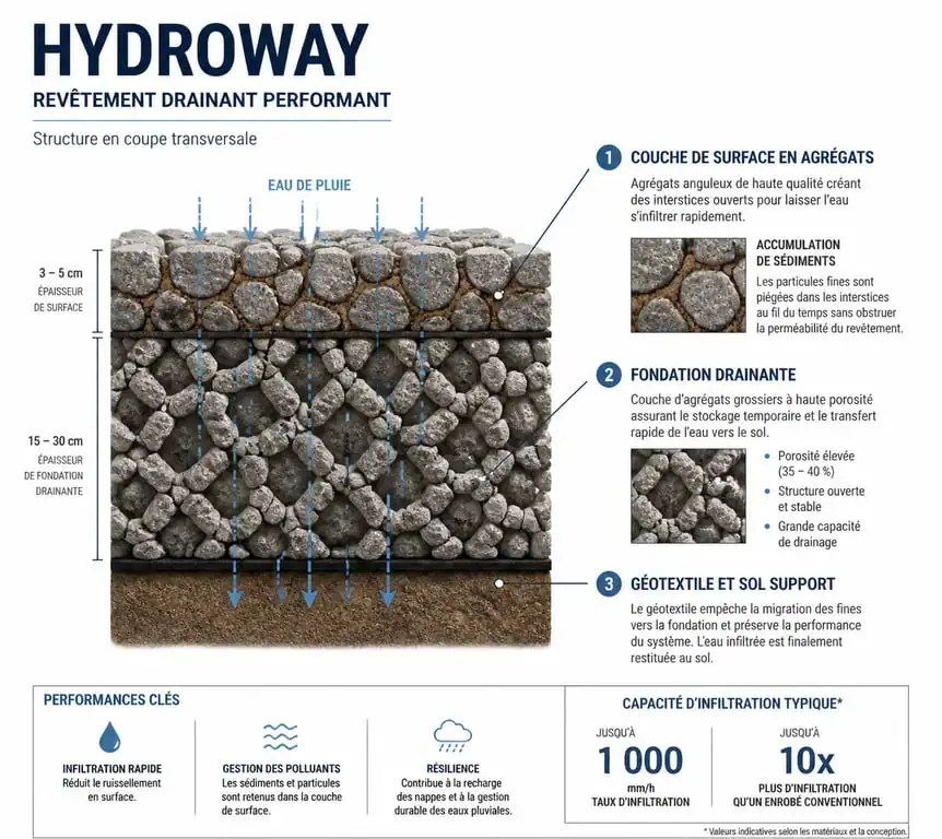 Schéma technique en coupe d'un revêtement Hydroway montrant le drainage et les risques de colmatage