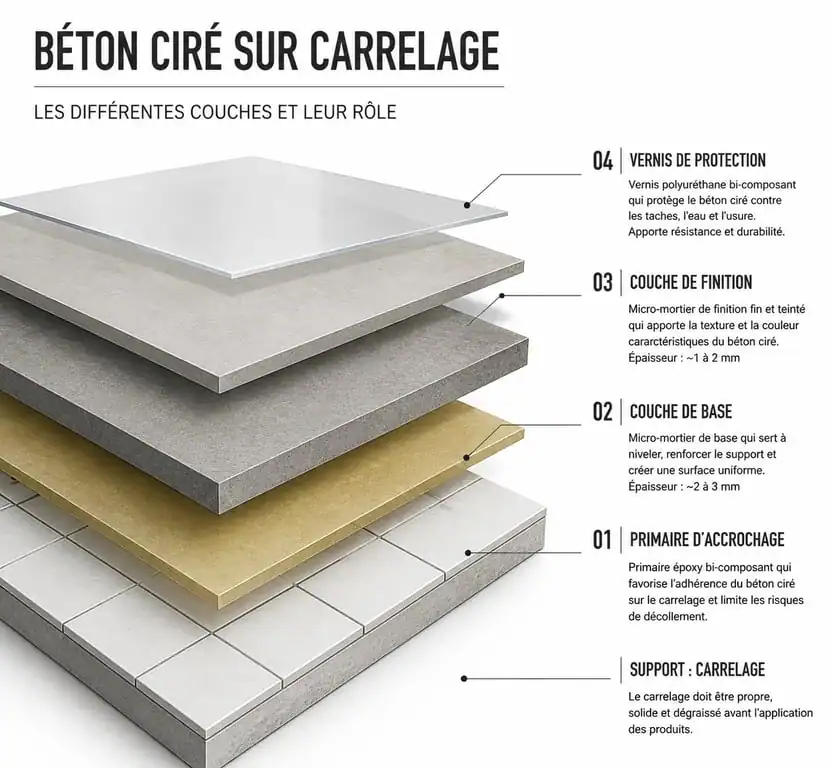 Schéma des étapes de pose d'un béton ciré sur sol