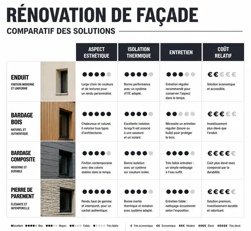 Comparatif des solutions pour rénover ou embellir sa façade : enduit, bardage et pierre de parement
