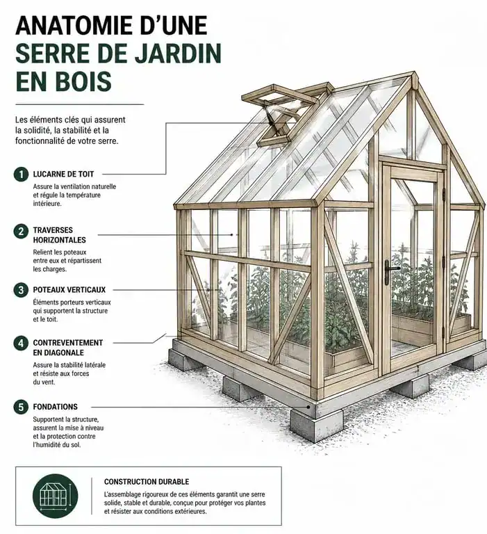 Schéma technique des étapes de construction d'une serre de jardin en bois