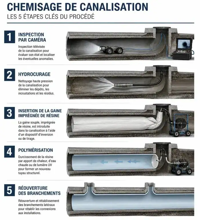 Schéma explicatif des étapes du chemisage de canalisation sans tranchée