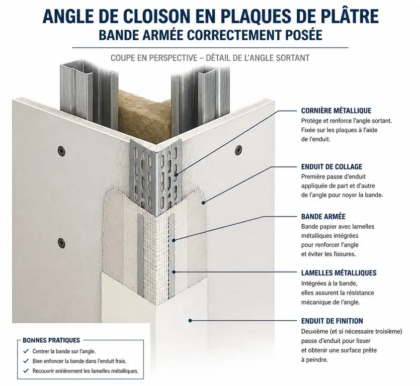Schéma technique de pose d'une bande armée sur angle de cloison en placo