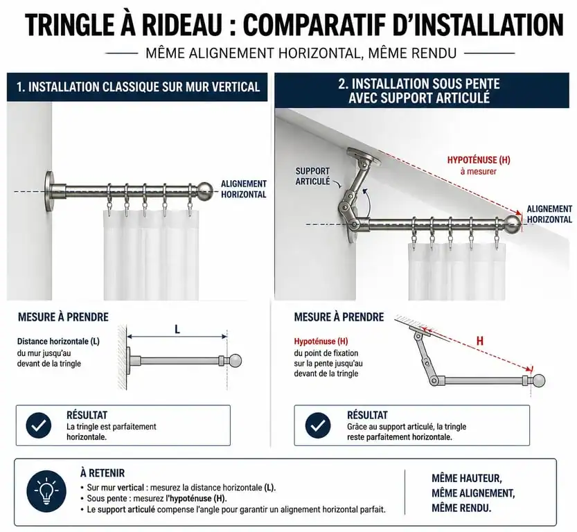 Schéma technique d'installation d'une tringle à rideau sous pente