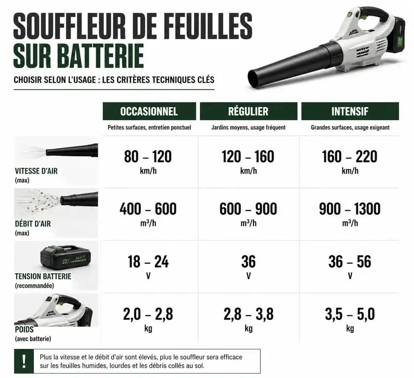Infographie comparative des critères techniques pour choisir le meilleur souffleur sur batterie selon l'usage