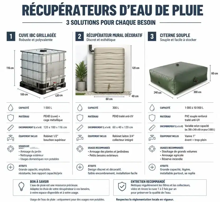 Comparatif des différents types de récupérateurs d'eau 1000l pour le jardin