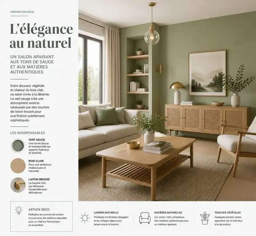 Salon décoré avec une peinture murale vert sauge et des touches de bois clair