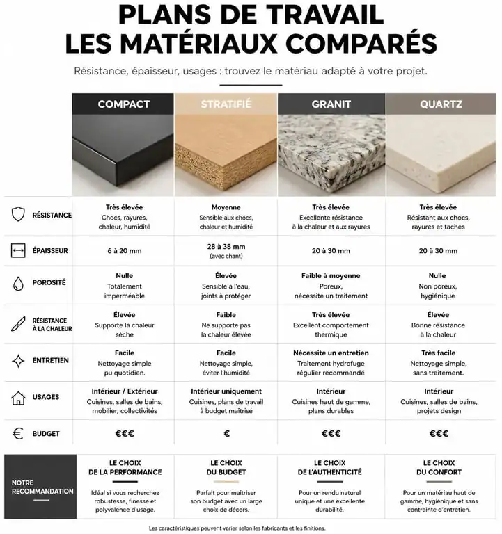 Comparatif des matériaux de plan de travail : compact, stratifié, granit et quartz pour votre cuisine