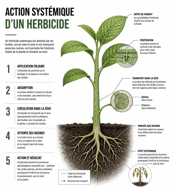 Schéma de l'action systémique du Glifae 36 herbicide sur les racines des plantes