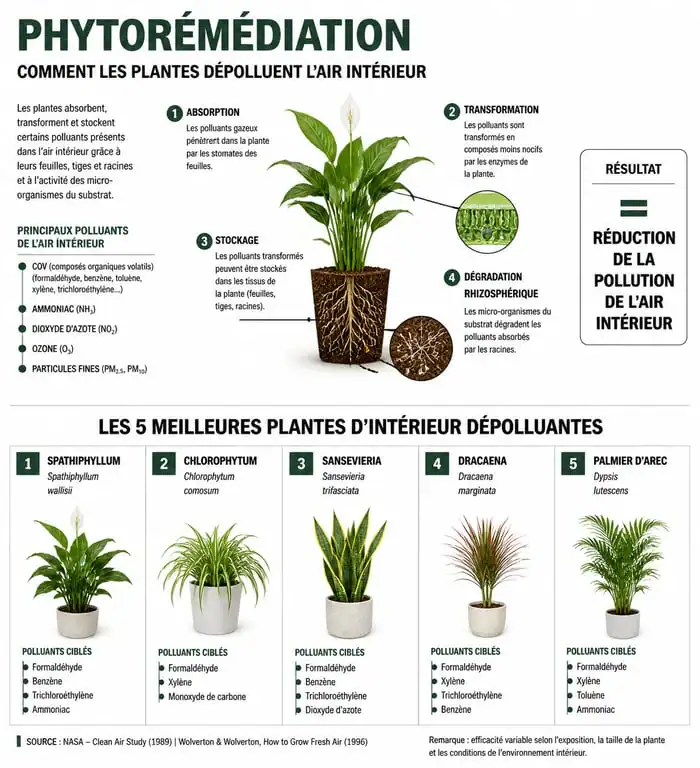 Infographie des plantes d'intérieur dépolluantes et leurs bienfaits