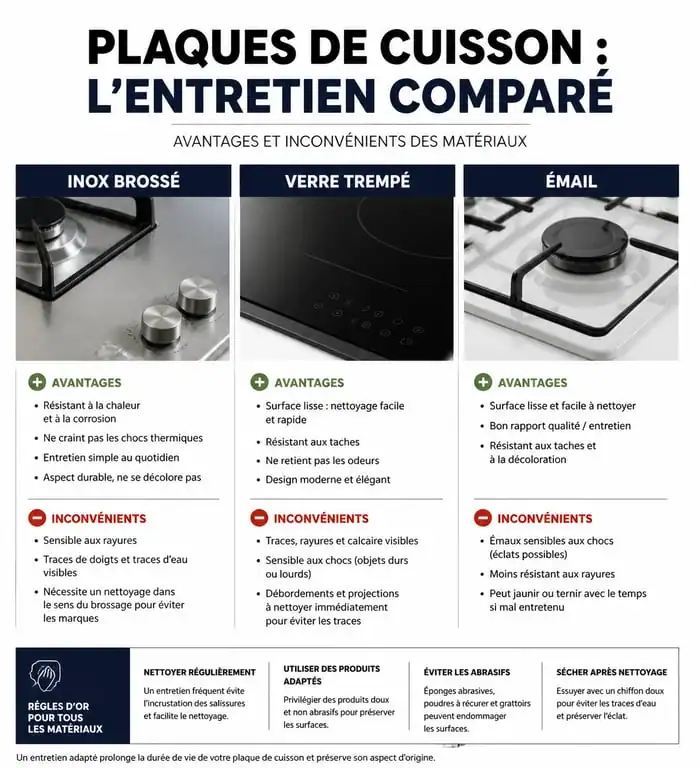 Comparatif des matériaux pour plaque de cuisson gaz 5 feux facile à nettoyer