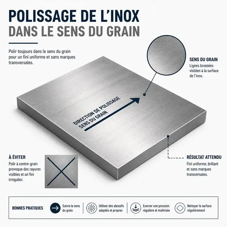 Schéma illustrant la méthode pour effacer une rayure inox en respectant le sens du grain