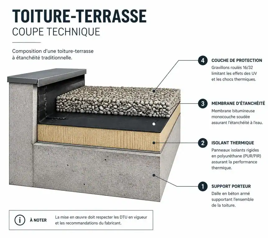 Schéma technique illustrant les couches d'étanchéité des toitures