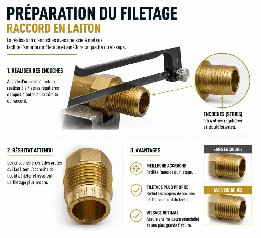 Préparation du filetage avec stries pour joint filasse plomberie