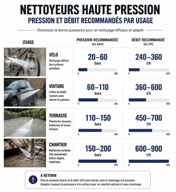 Infographie comparative des besoins techniques pour choisir son nettoyeur haute pression