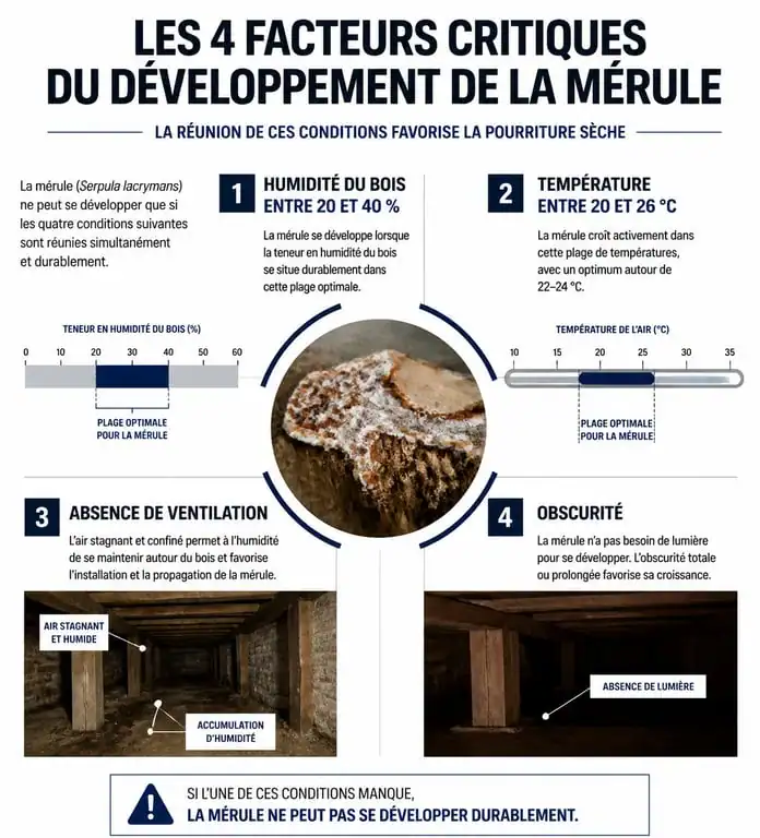 Infographie des facteurs de développement de la mérule dans le bois