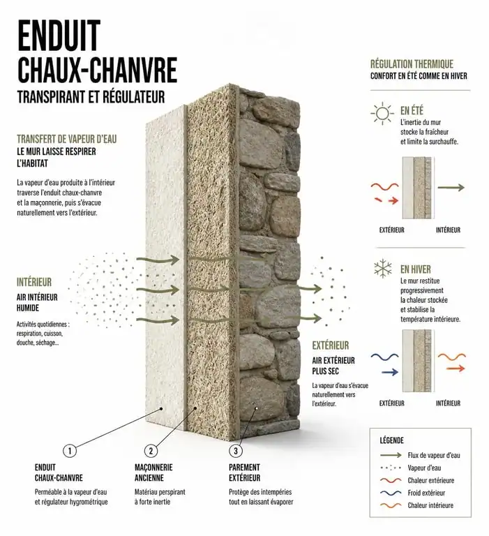 Schéma technique de la régulation hygrométrique d'un enduit chaux chanvre extérieur sur un mur ancien