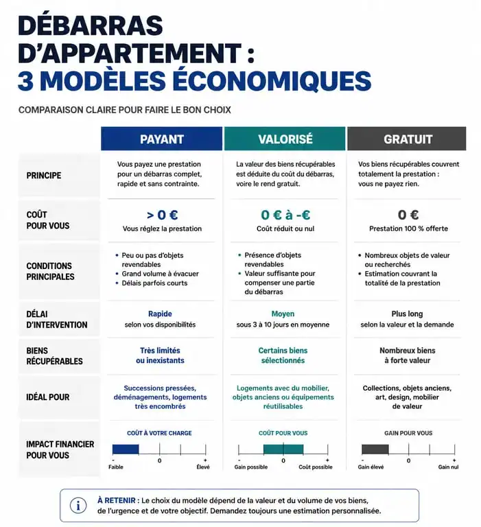 Infographie comparative des modèles économiques pour le débarras d'appartement